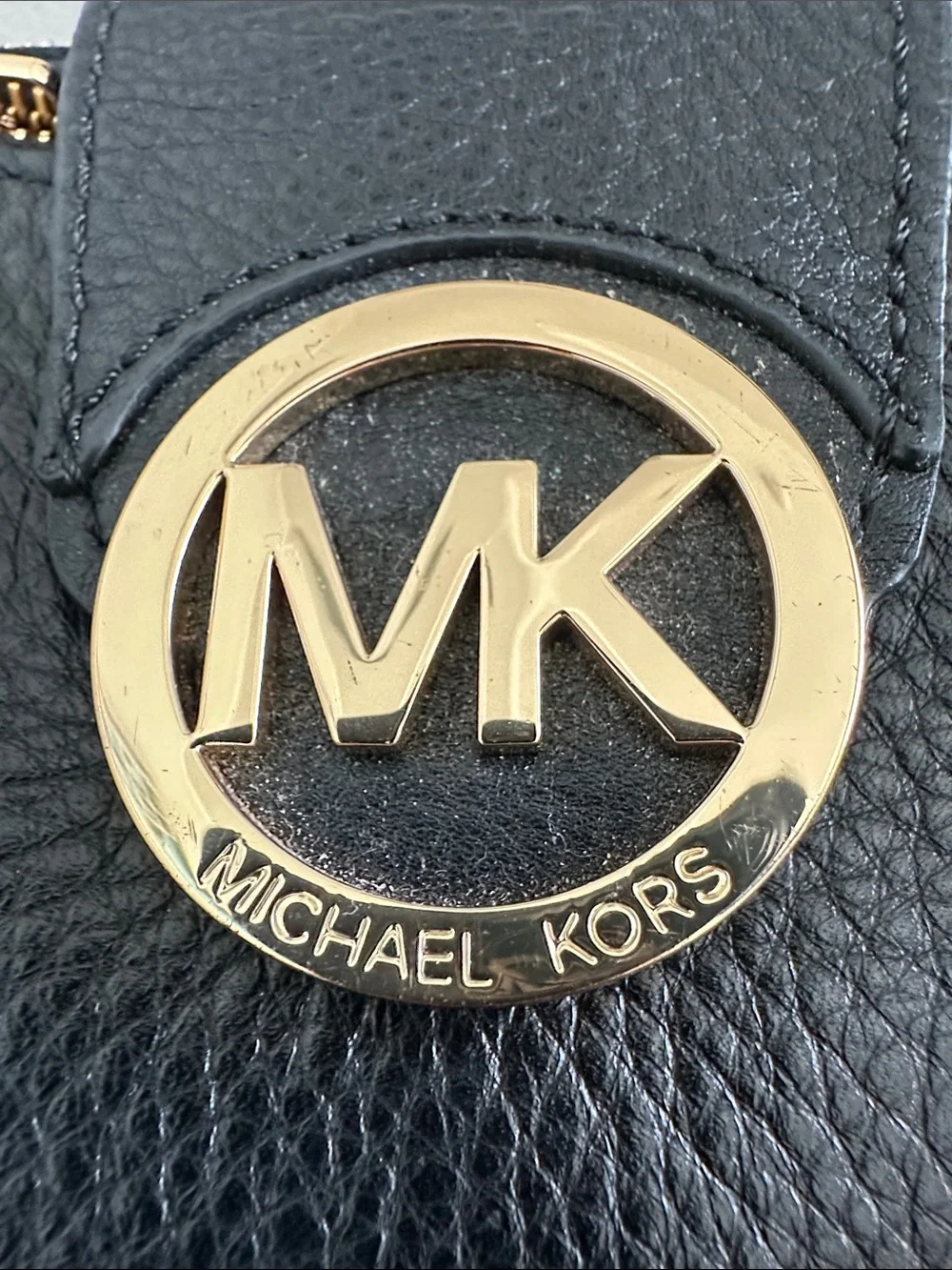 Michael Kors Black Pebbled Leather Crossbody with Gold MK Medallion